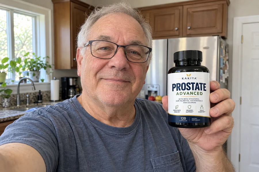 Man holding Kakiya Prostate Reset bottle